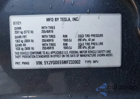 2021 Tesla Model Y Long Range Dual Motor All-Wheel Drive z USA, uszkodzony, nr VIN 5YJYGDEE6MF233902